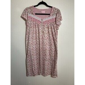 Pink Label Floral Night Gown Pink gingham Yolk 4 Button Front Lightweight Size M